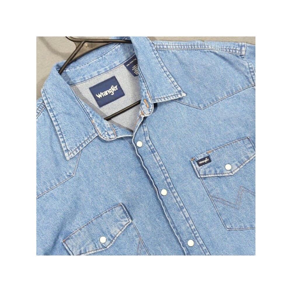 Wrangler Denim Shirt Men's XXL Blue Snap Button Western Long Sleeve Pockets